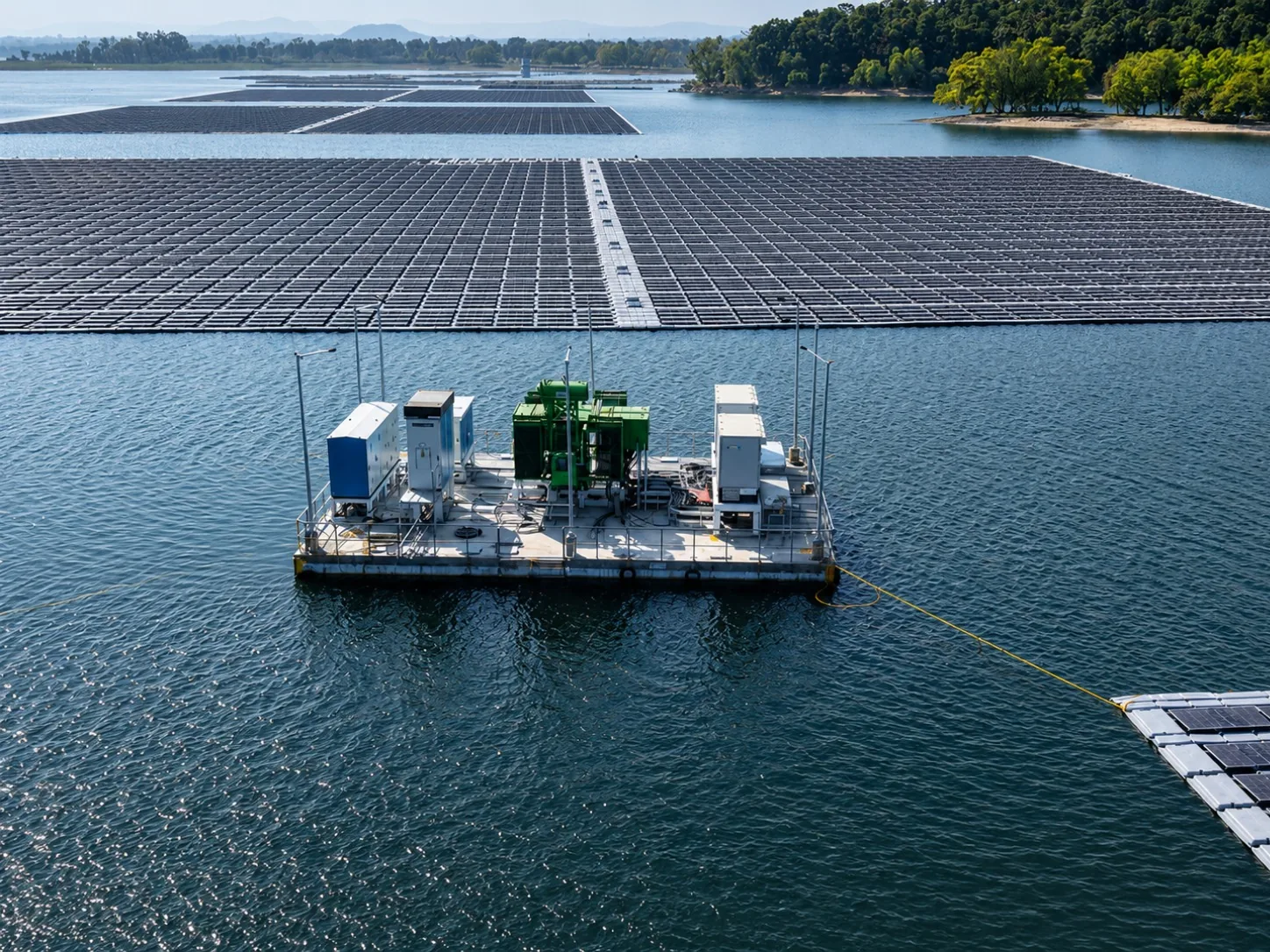 Floating solar array on a reservoir illustrating dissolved oxygen effects