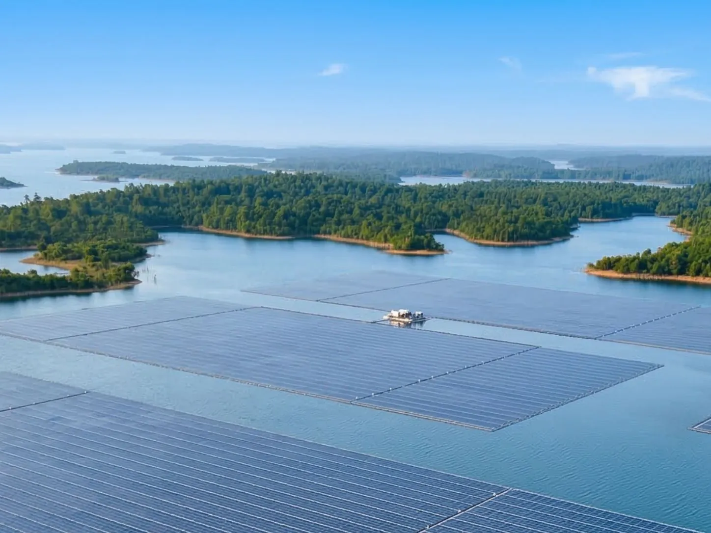 Aerial view of floating solar arrays on a forested island reservoir with a small service platform between the array blocks