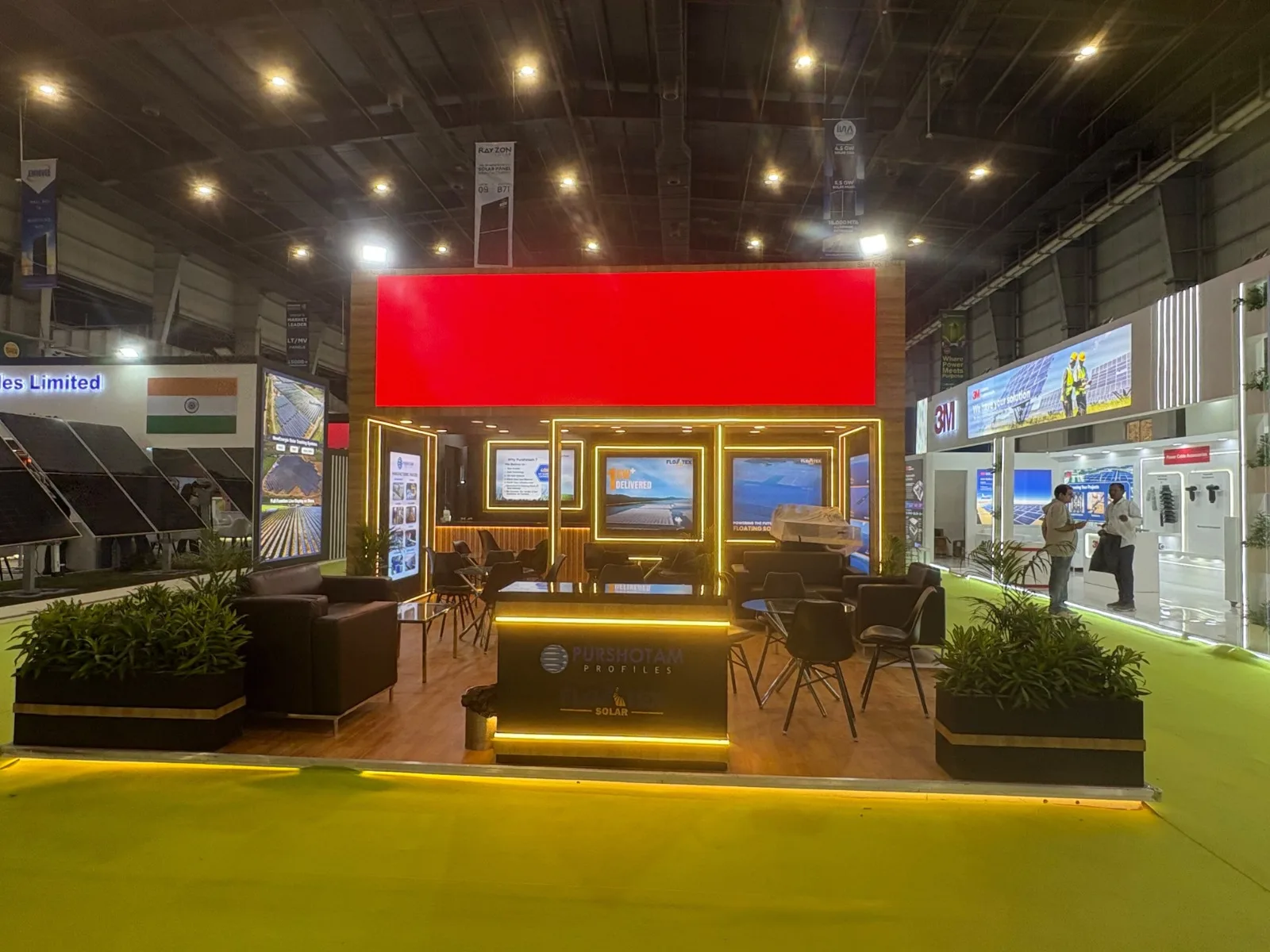 Front view of the Floatex Solar booth at Renewable Energy India Expo, with the 1 GW+ Delivered display and floating solar project panels