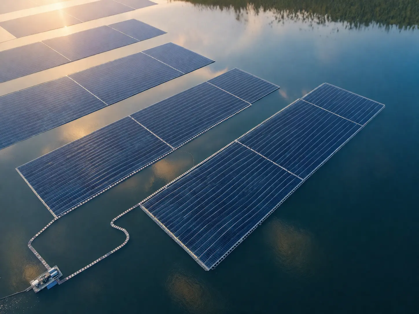 Engineers carrying out testing and commissioning checks on a utility-scale floating solar array before commercial operation